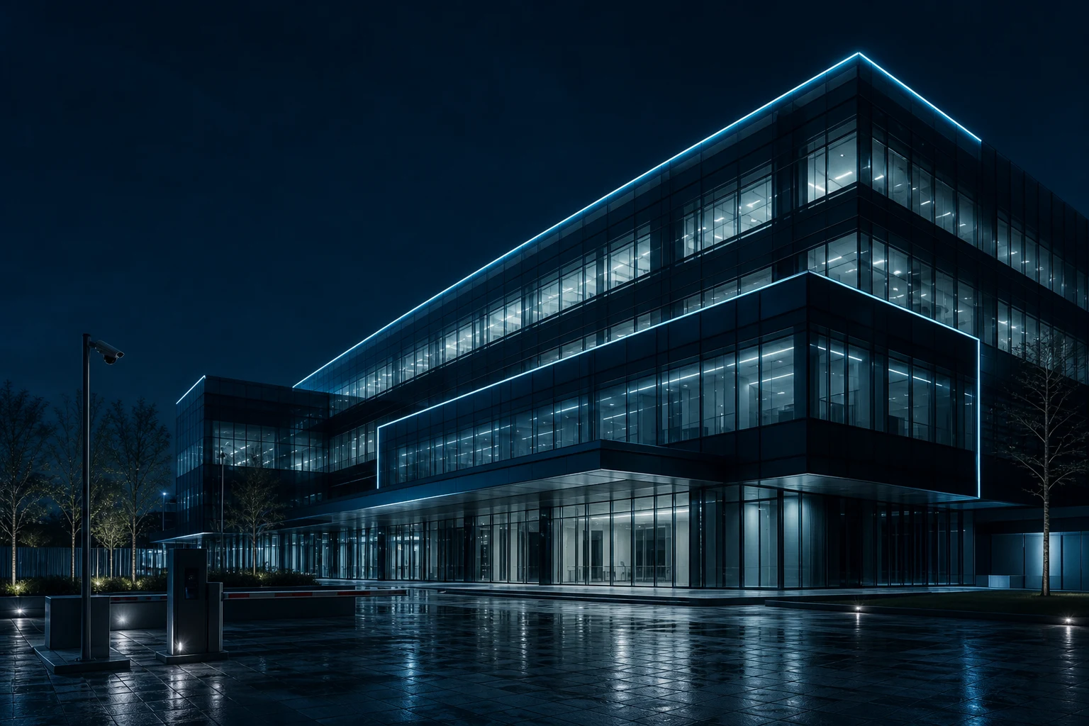 Gece atmosferinde modern plaza ve akıllı bina güvenlik altyapısı